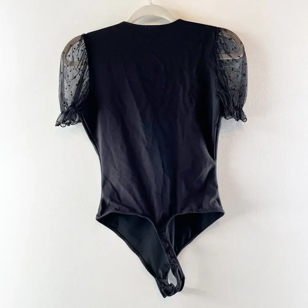 Free People Puff Sheer Short Sleeve Bodysuit Black XS